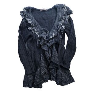 Forla Paris M Cardigan Black Wool Mohair Ruffle Rose Embellished Fairy Core Boho